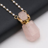 Rose Quartz Perfume Bottle Necklace Pendant Charm Pearl Chain for DIY