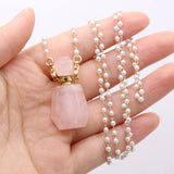 Rose Quartz Perfume Bottle Necklace Pendant Charm Pearl Chain for DIY