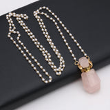 Rose Quartz Perfume Bottle Necklace Pendant Charm Pearl Chain for DIY