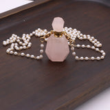 Rose Quartz Perfume Bottle Necklace Pendant Charm Pearl Chain for DIY