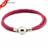 Rose Red Double Woman Round Clasp Leather Bracelet Fits Charms & Beads