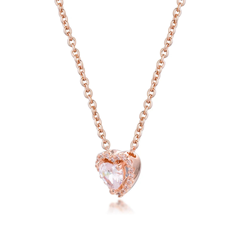Rose Heart Necklace 925 Sterling Silver Clear CZ Pendant