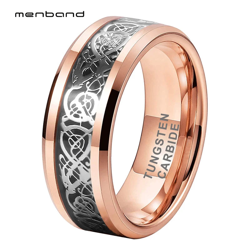 Rose Tungsten Carbide Wedding Band Carbon Fiber Dragon Inlay