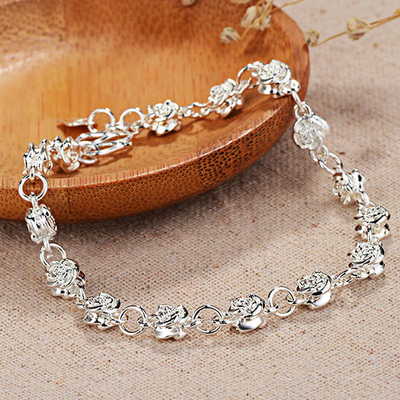 Silver Rose Beads Chain Bracelets for Women Carving Bangle Birthday