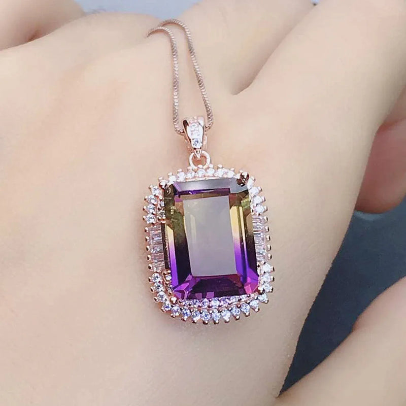 Rose Tone Purple Crystal Amethyst Citrine Gemstones Diamonds Pendant Necklace