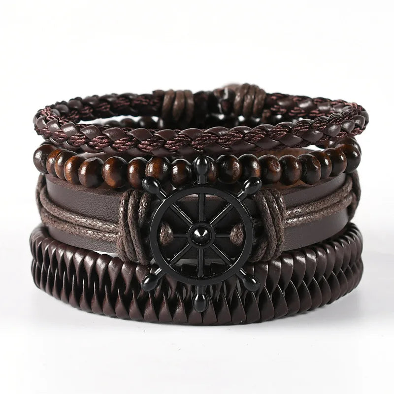 European American Punk Leather Bracelet Men Multi-Layer Suit Rope Chain