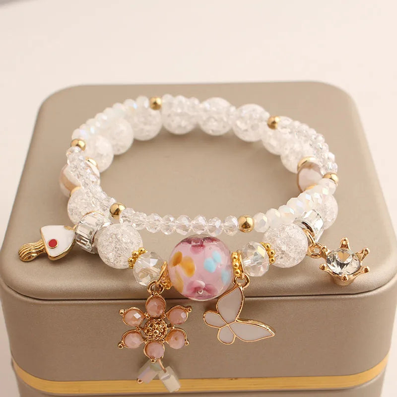 Crystal Burst Beads Bracelet with Cherry Pendant for Women