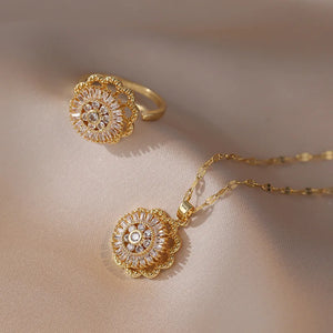 Flower Ring Pendant Necklace Set Stainless Steel Chains Gift