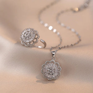 Flower Ring Pendant Necklace Set Stainless Steel Chains Gift