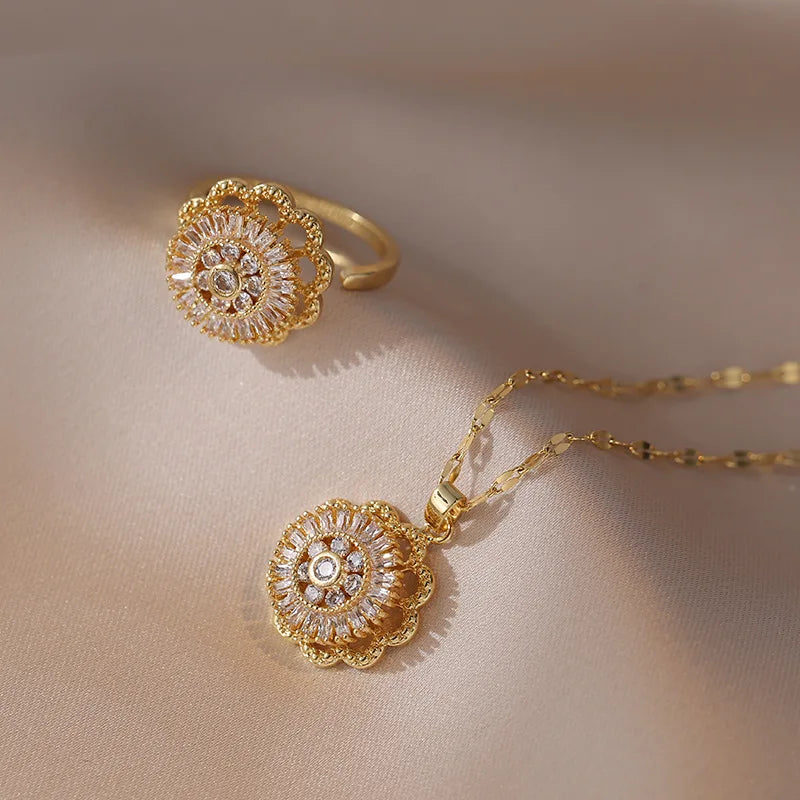 Flower Ring Pendant Necklace Set Stainless Steel Chains Gift
