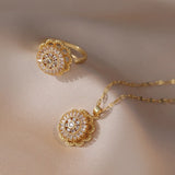 Flower Ring Pendant Necklace Set Stainless Steel Chains Gift
