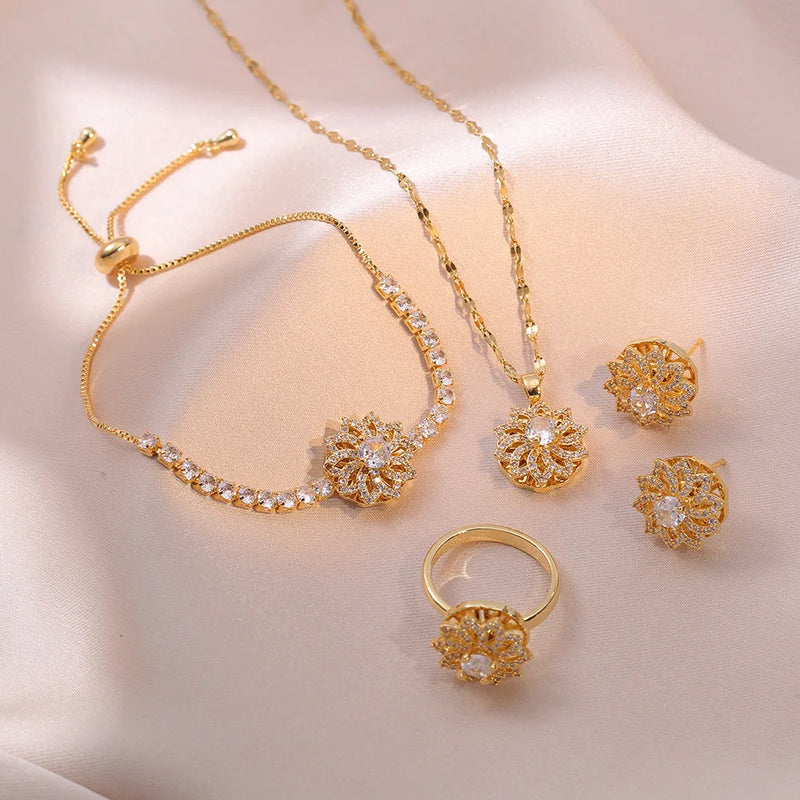 Zircon Flower Jewelry Set: Earrings, Necklace & Bracelets