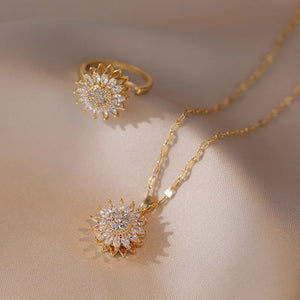 SunFlower Ring Pendant Necklace Set Stainless Steel Zircon Bridal Jewelry