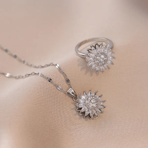 SunFlower Ring Pendant Necklace Set Stainless Steel Zircon Bridal Jewelry