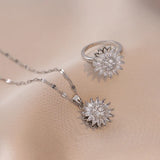 SunFlower Ring Pendant Necklace Set Stainless Steel Zircon Bridal Jewelry