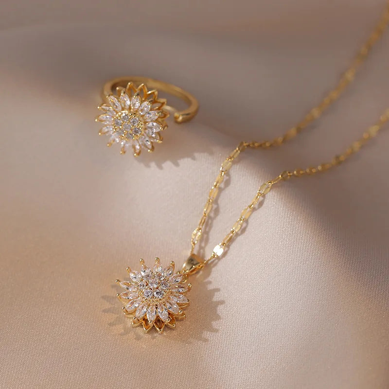 SunFlower Ring Pendant Necklace Set Stainless Steel Zircon Bridal Jewelry