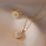 SunFlower Ring Pendant Necklace Set Stainless Steel Zircon Bridal Jewelry