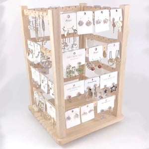 Rotating Wood Earrings Holder Display Necklace Bracelets Stand