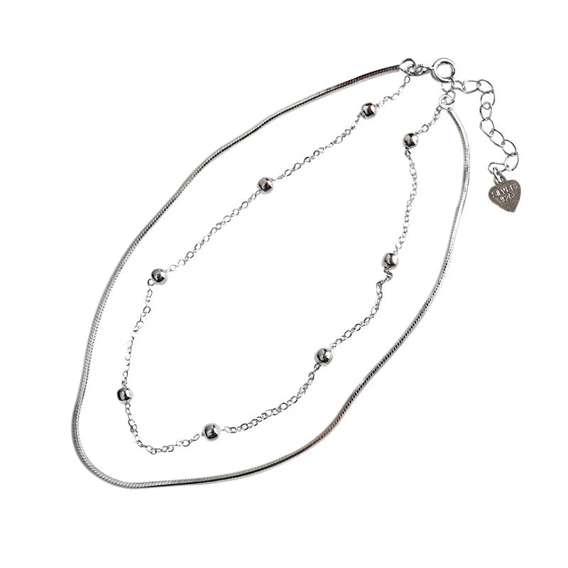 925 Silver Round Bead Anklets Double Layer Snake Bone Chain Fine Jewelry