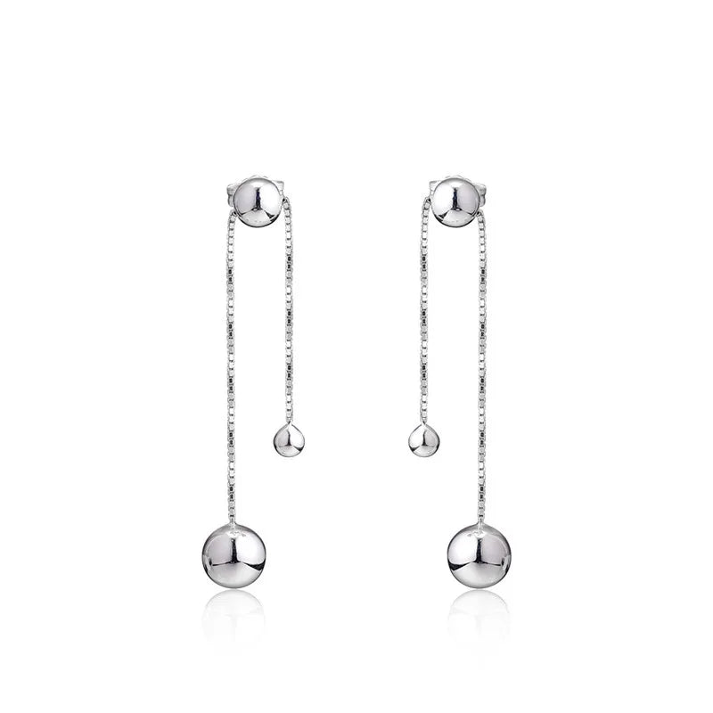 Sterling Silver Round Beads Dangle Earrings Long Chain Drop Earrings