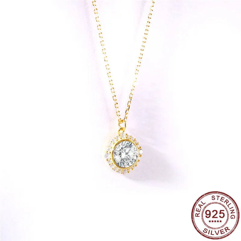 Round CZ Stone Pendant Necklaces 925 Silver Clavicle Necklaces