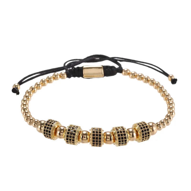 Round CZ Zircon Pave Tube Charm Spacer Braiding Bracelet Men Copper Beaded