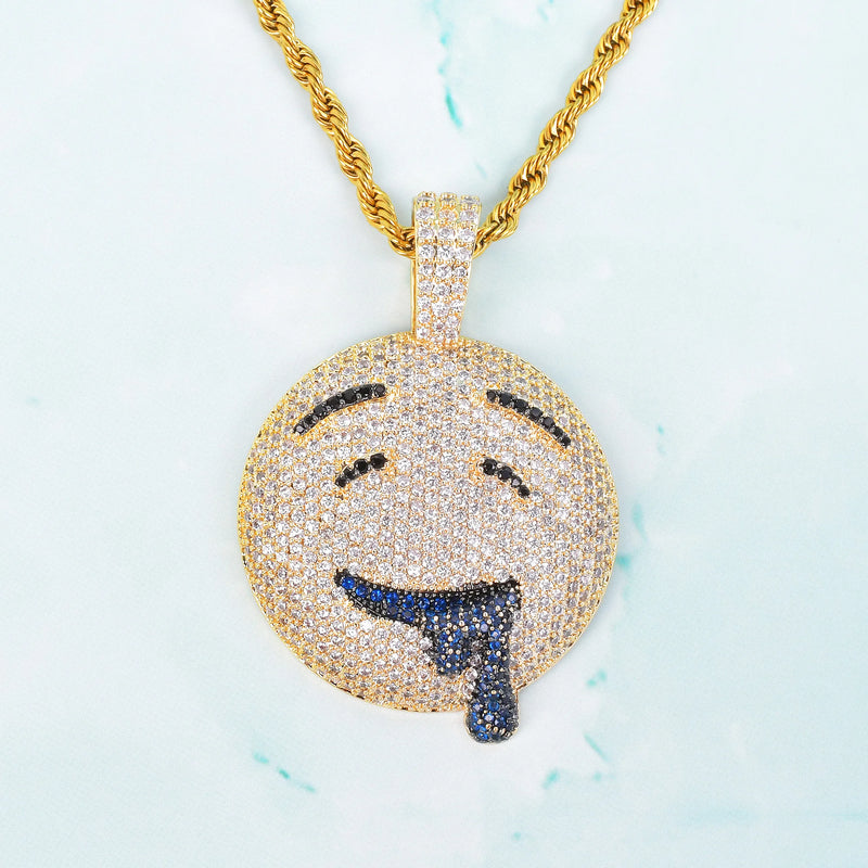 Round Drool Face Pendant Rope Chain Cubic Zircon Men's Hip Hop Necklace