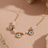 Beaded Pearl Turquoise Necklace 18K Plated Stainless Steel Women's Chain