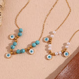 Beaded Pearl Turquoise Necklace 18K Plated Stainless Steel Women's Chain