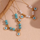 Beaded Pearl Turquoise Necklace 18K Plated Stainless Steel Women's Chain