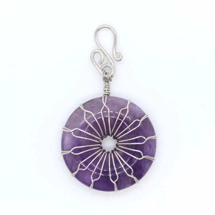 Round Healing Stone Pendant Necklace Charm Flower Wrap Reiki Crystal Quartz