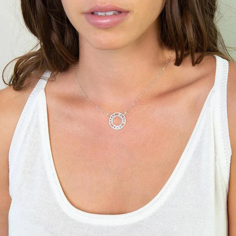 Round Hollow Nameplate 1-3 Name Necklace Men Women Silver Personalized Jewelry