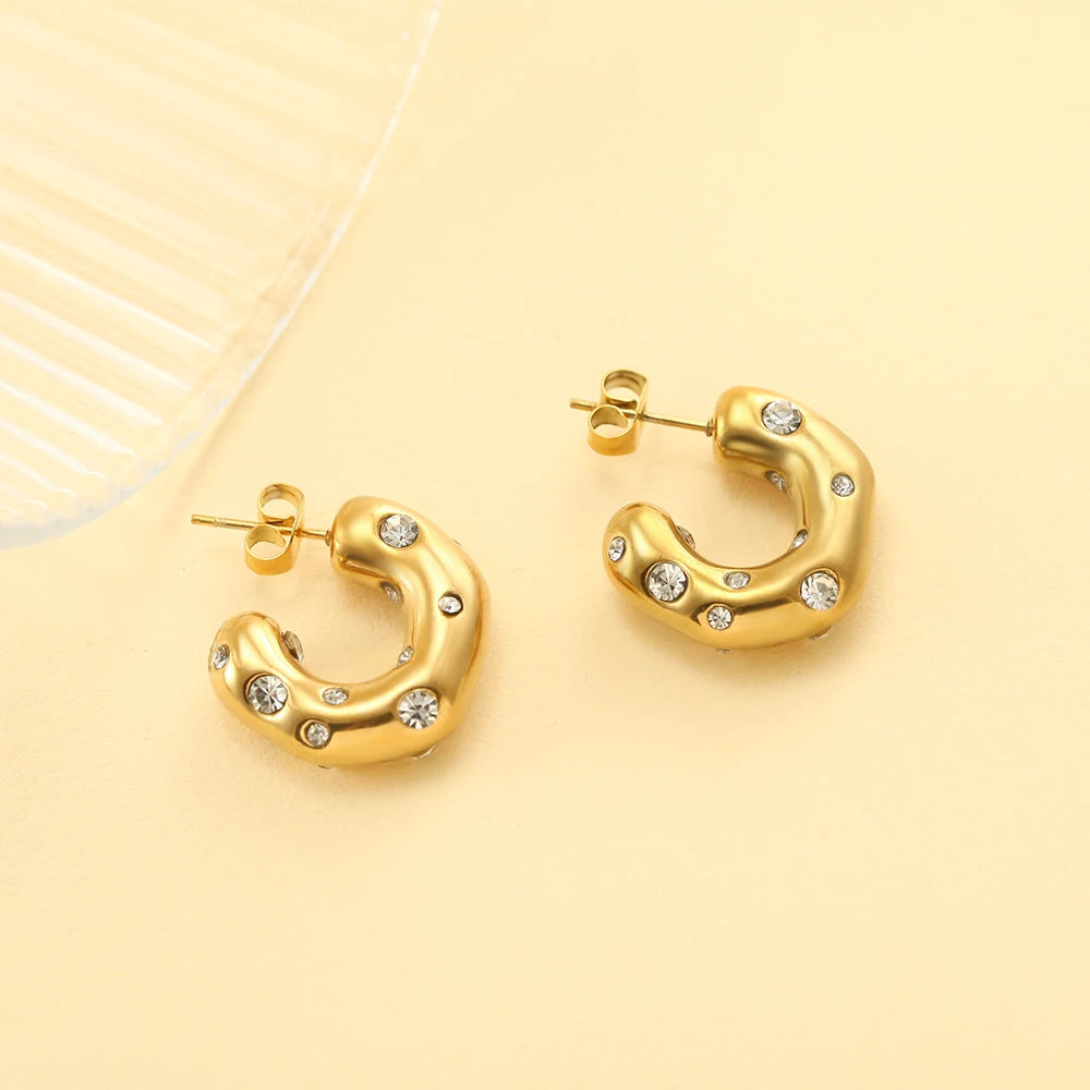 Irregular Hoop Earrings Pave Zircon Stainless Steel