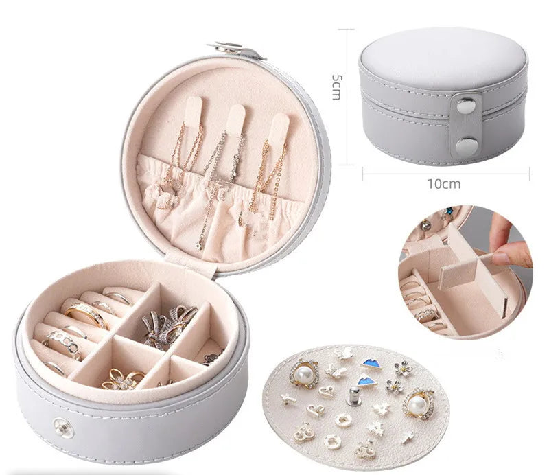 Round Jewelry Box Portable Leather Jewelry Organizer Box