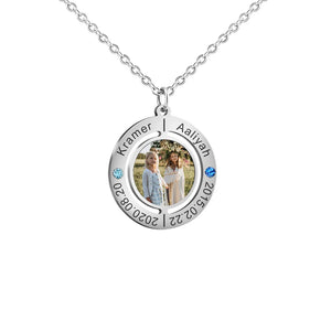 Round Memory Necklace with Birthstone Name Engraved Picture Pendant Necklaces