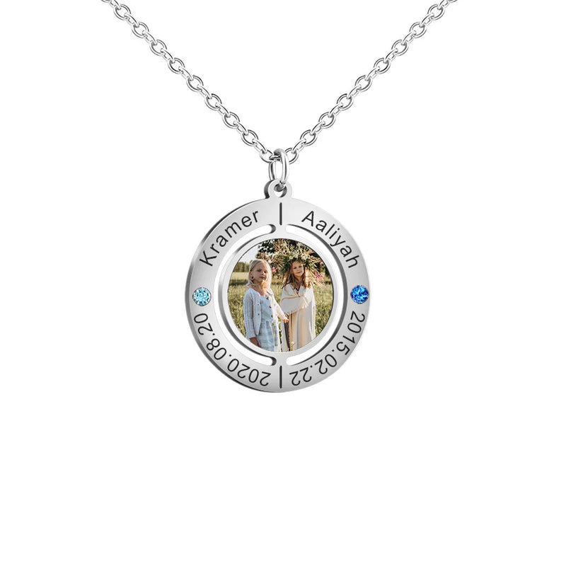 Round Memory Necklace with Birthstone Name Engraved Picture Pendant Necklaces