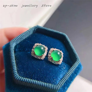 Green Chalcedony Earrings 925 Silver Vintage Wedding Jewelry