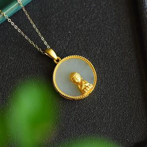 Round Hetian Jade Pendant Necklace Chinese Style Silver Jewelry