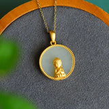 Round Hetian Jade Pendant Necklace Chinese Style Silver Jewelry