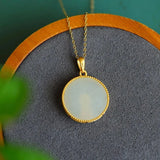 Round Hetian Jade Pendant Necklace Chinese Style Silver Jewelry