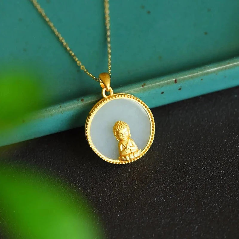 Round Hetian Jade Pendant Necklace Chinese Style Silver Jewelry