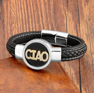 Round Stone CZ Initial Letter Bracelet Stainless Steel Men's Women Bangle