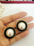 Round Pearl Enamel Clip Earrings for Women