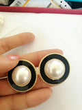 Round Pearl Enamel Clip Earrings for Women