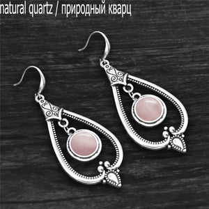Pink Quartz Dangle Earrings Tibetan Silver Stone Pendant