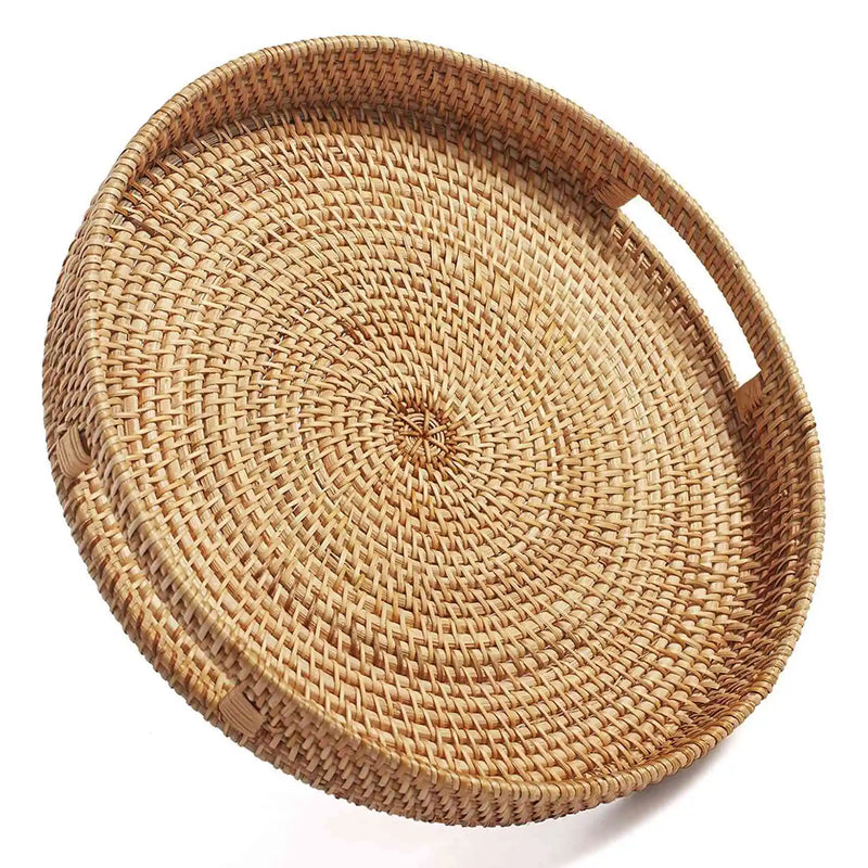 Small Round Rattan Serving Tray with Handles Natural