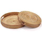 Small Round Rattan Serving Tray with Handles Natural