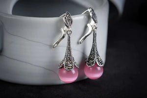Round Red Natural Jade Bead Vintage 925 Silver Hooks Earring