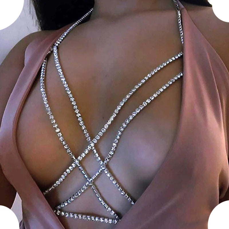 Sexy Rhinestone Body Chain Bra Necklace Lingerie Top Nightclub Chest Bikini