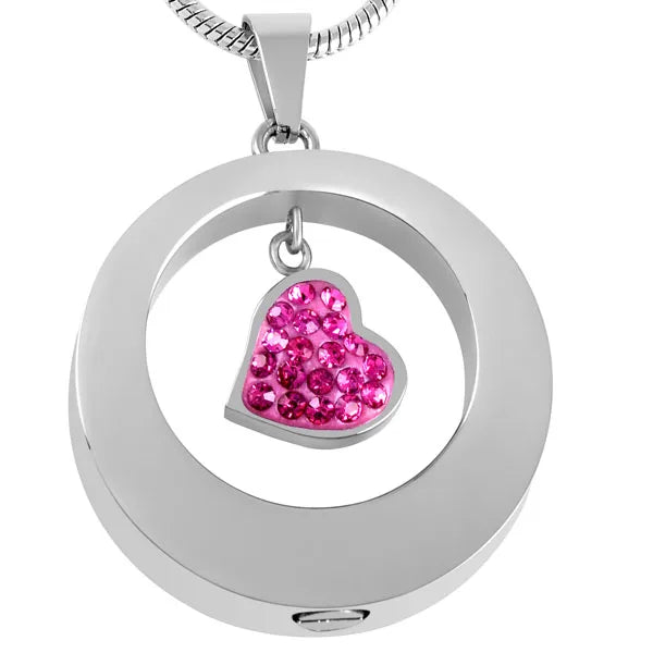 Round Shape Cremation Urn Pendant Necklace with Crystal Heart Charm